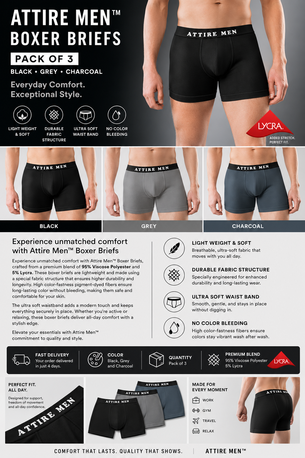 AttireMen™ Cotton-Lycra Blended Boxer Briefs for Men, Pack of 3: (Black, Grey & Charcoal)